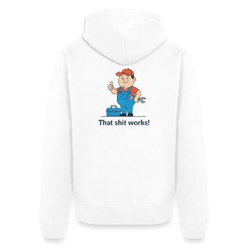 Tool Hero Cartoon Motif. Finally it works! - Unisex Premium Organic Zip Hoodie - white - Back - Thijin (182cm)