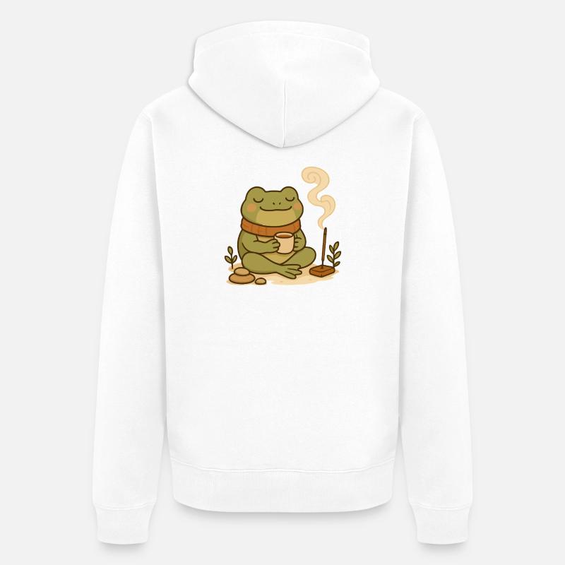 Achtsamer Frosch mit Tee & Räucherstäbchen - Unisex Premium Bio Zip Hoodie - Weiß