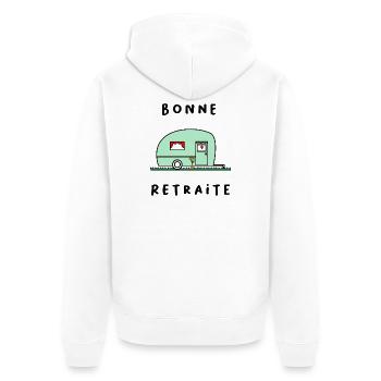 FRÖHLICHES RETREAT. RUHESTAND. PENSIONIERT. RUHESTAND - Unisex Premium Bio Zip Hoodie - Weiß - Hinten - Thijin (182cm)