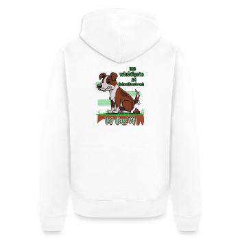 Das wichtigste am Schweißausbruch ist das W - Unisex Premium Bio Zip Hoodie - Weiß - Hinten - Thijin (182cm)