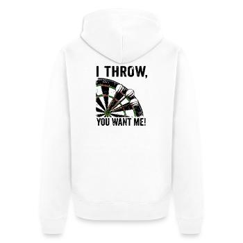 Sweat à capuche et t-shirt Darts Fun « Je lance, tu me veux » - Veste à capuche bio Premium Unisexe - blanc - Dos - Thijin (182cm)