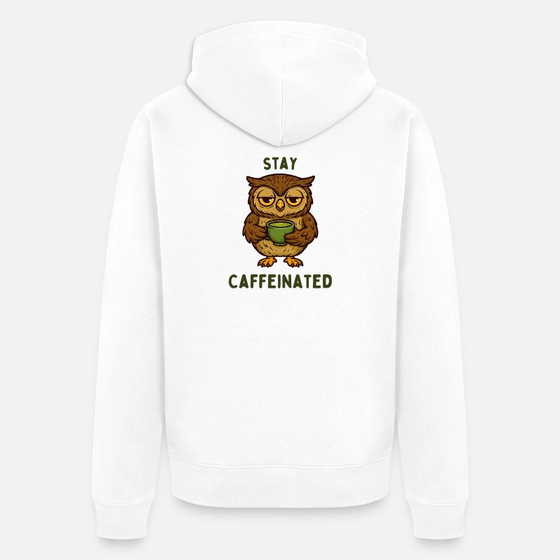 Bleib Kaffeiniert – Eulenmotiv - Unisex Premium Bio Zip Hoodie - Weiß