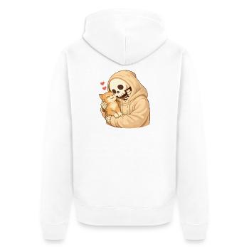 Cozy Skelett mit Katze – Geborgenheit - Unisex Premium Bio Zip Hoodie - Weiß - Hinten - Thijin (182cm)