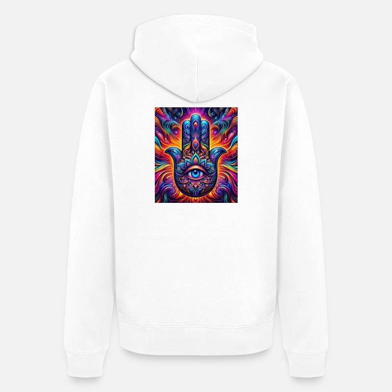 Mandala psychédélique Hamsa Œil Main-Œil - Veste à capuche bio Premium Unisexe - blanc