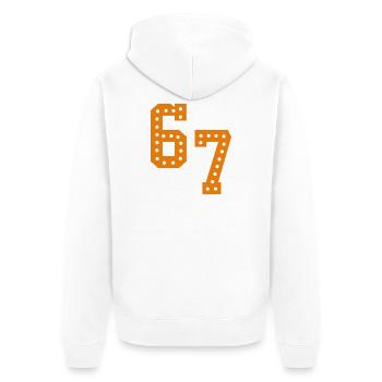 6 7 – Trendiges, minimalistisches Textdesign, - Unisex Premium Bio Zip Hoodie - Weiß - Hinten - Thijin (182cm)