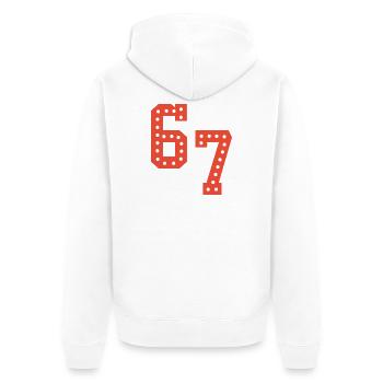 6 7 – Trendiges, minimalistisches Textdesign, - Unisex Premium Bio Zip Hoodie - Weiß - Hinten - Thijin (182cm)