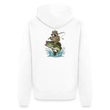 Lustiger Waschbär reitet auf einem Bassfisch - Unisex Premium Bio Zip Hoodie - Weiß - Hinten - Thijin (182cm)