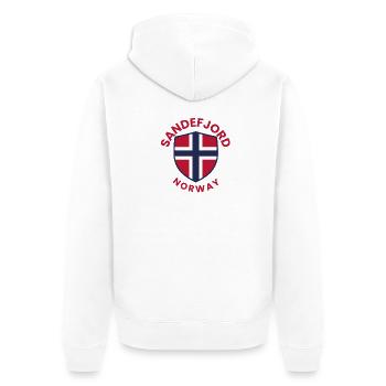 Sandefjord Norwegen-Schild - Unisex Premium Bio Zip Hoodie - Weiß - Hinten - Thijin (182cm)