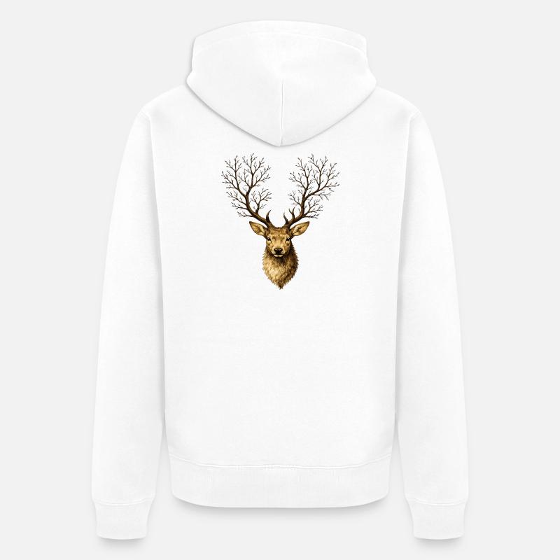 Hirschkopf mit Baumgeweih – Mystischer Waldgeist - Veste à capuche bio Premium Unisexe - blanc