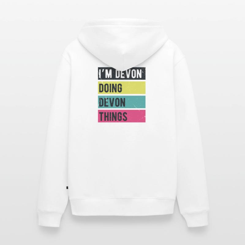 Ich bin Devon und mache Devon-Dinge in Retro-Farben Unisex Premium Bio Zip Hoodie