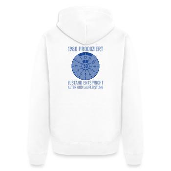 1980 Née 50e anniversaire Réglage de voitures - Veste à capuche bio Premium Unisexe - blanc - Dos - Thijin (182cm)