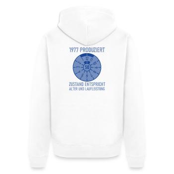 1977 Née 50e anniversaire Réglage de voitures - Veste à capuche bio Premium Unisexe - blanc - Dos - Thijin (182cm)