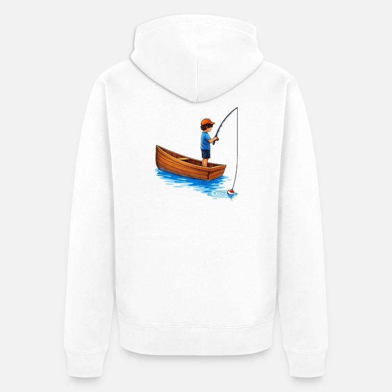 Illustration de garçon pêchant en bateau - Veste à capuche bio Premium Unisexe - blanc