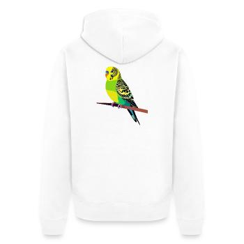 Bunter Wellensittich auf Ast Motiv gelb grün blau - Unisex Premium Bio Zip Hoodie - Weiß - Hinten - Thijin (182cm)