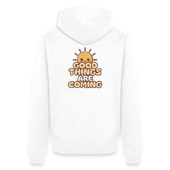Sonnige Vorfreude Gute Dinge werden kommen  - Unisex Premium Bio Zip Hoodie - Weiß - Hinten - Thijin (182cm)