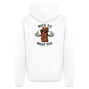 Bacon mit Sonnenbrille Nice to Meat You - Unisex Premium Bio Zip Hoodie - Weiß - Hinten - Thijin (182cm)