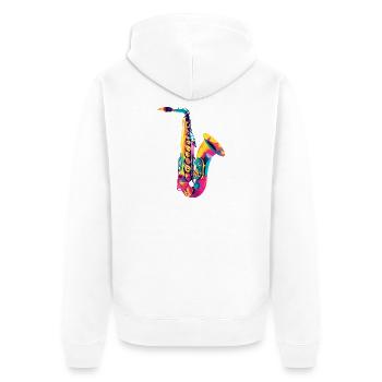 Leuchtendes Saxophon Farbexplosion - Unisex Premium Bio Zip Hoodie - Weiß - Hinten - Thijin (182cm)