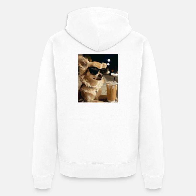 Sonnenbrillen-Hund mit Eiskaffee - Unisex Premium Bio Zip Hoodie - Weiß