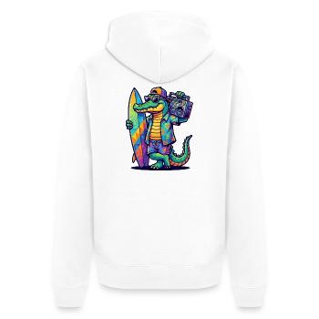 Surf Alligator with Boombox and Surfboard Cartoon - Unisex Premium Organic Zip Hoodie - white - Back - Thijin (182cm)