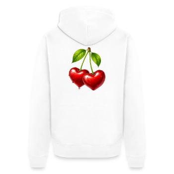 Deux cerises brillantes en forme de cœur avec des feuilles - Veste à capuche bio Premium Unisexe - blanc - Dos - Thijin (182cm)