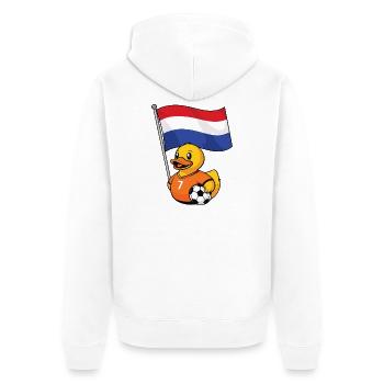 Holland Fußball Fan Ente mit Flagge, Niederlande - Unisex Premium Bio Zip Hoodie - Weiß - Hinten - Thijin (182cm)