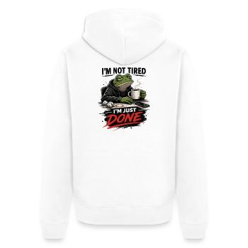 Nicht müde, nur fertig, Frosch - Unisex Premium Bio Zip Hoodie - Weiß - Hinten - Thijin (182cm)