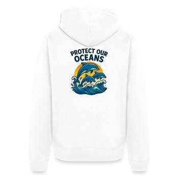 Protect Our Oceans – Delfin Schutz Shirt Meereslie - Unisex Premium Bio Zip Hoodie - Weiß - Hinten - Thijin (182cm)