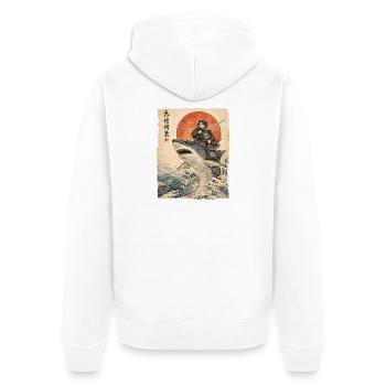 Samurai Cat Riding Shark Japanese Ukiyoe - Unisex Premium Organic Zip Hoodie - white - Back - Thijin (182cm)