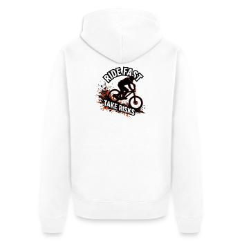 Mountainbike Downhill Ride Fast Take Risks MTB - Unisex Premium Bio Zip Hoodie - Weiß - Hinten - Thijin (182cm)