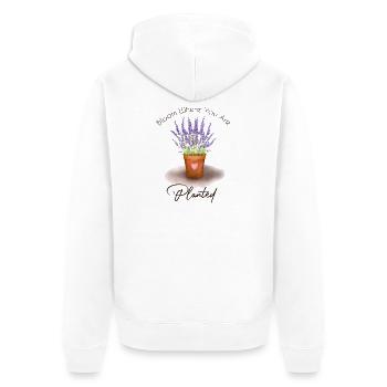 Blühe dort, wo du gepflanzt bist - Unisex Premium Bio Zip Hoodie - Weiß - Hinten - Thijin (182cm)