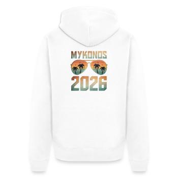 Mykonos 2026 - Unisex Premium Bio Zip Hoodie - Weiß - Hinten - Thijin (182cm)
