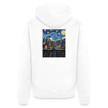 Kosmische Katze über mondbeschienener Stadt - Unisex Premium Bio Zip Hoodie - Weiß - Hinten - Thijin (182cm)
