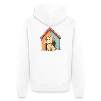 Kuschelhund vor buntem Haus - Unisex Premium Bio Zip Hoodie - Weiß - Hinten - Thijin (182cm)