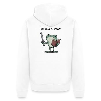We Test at Dawn Frog Knight Reading - Unisex Premium Organic Zip Hoodie - white - Back - Thijin (182cm)