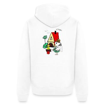 Colorful bird in front of A-house farm scene - Unisex Premium Organic Zip Hoodie - white - Back - Thijin (182cm)