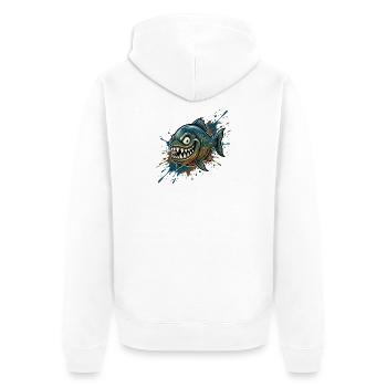 Mutiger Piranha mit Farbspritzern - Unisex Premium Bio Zip Hoodie - Weiß - Hinten - Thijin (182cm)