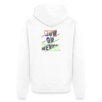Now ore Never Schriftzug - Unisex Premium Bio Zip Hoodie - Weiß - Hinten - Thijin (182cm)