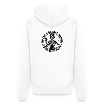 Skelett Barista mit Kaffee & Energy Nachtschicht - Unisex Premium Bio Zip Hoodie - Weiß - Hinten - Thijin (182cm)