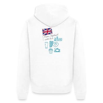 EXANGLIA (Blau + Grauer Text) - Unisex Premium Bio Zip Hoodie - Weiß - Hinten - Thijin (182cm)