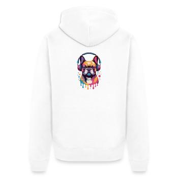 Bouledogue français Frenchie avec des écouteurs - Veste à capuche bio Premium Unisexe - blanc - Dos - Thijin (182cm)