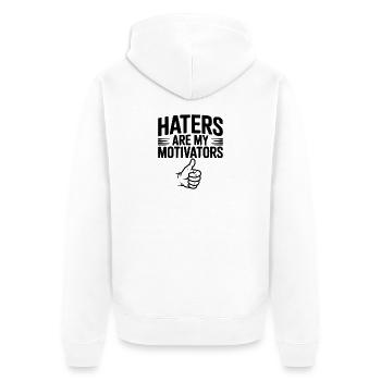 Hater sind meine Motivatoren - Unisex Premium Bio Zip Hoodie - Weiß - Hinten - Thijin (182cm)