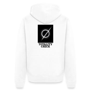 Totalität geprüft | Eclipse - Unisex Premium Bio Zip Hoodie - Weiß - Hinten - Thijin (182cm)