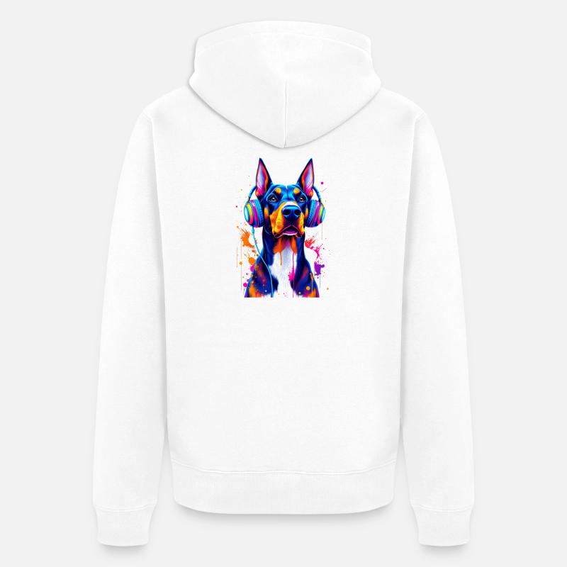 Dobermann mit Kopfhörern - Unisex Premium Bio Zip Hoodie - Weiß