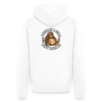 Schwanger und wild – Finger weg von Bigfoot! Lusti - Unisex Premium Bio Zip Hoodie - Weiß - Hinten - Thijin (182cm)