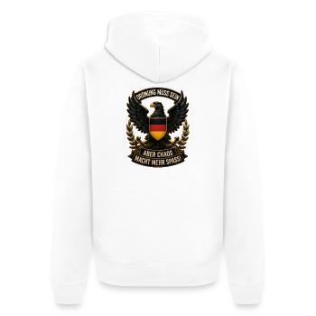 Ordnung muss sein. Aber Chaos macht mehr Spaß! - Unisex Premium Bio Zip Hoodie - Weiß - Hinten - Thijin (182cm)