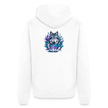 Crystal Wolf in Lotus Wreath - Unisex Premium Organic Zip Hoodie - white - Back - Thijin (182cm)