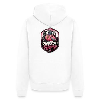 Ruhrpott Flamingo Stadttaube aus dem Revier - Unisex Premium Bio Zip Hoodie - Weiß - Hinten - Thijin (182cm)