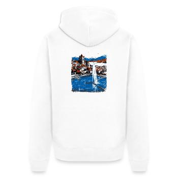 Genève Suisse Silhouette et fontaine d’eau - Veste à capuche bio Premium Unisexe - blanc - Dos - Thijin (182cm)