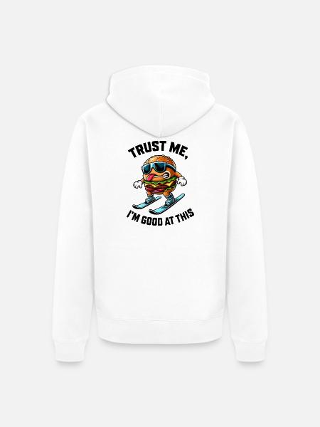 Skiurlaub mit Burger essen Comic Spruch - Unisex Premium Bio Zip Hoodie - Weiß