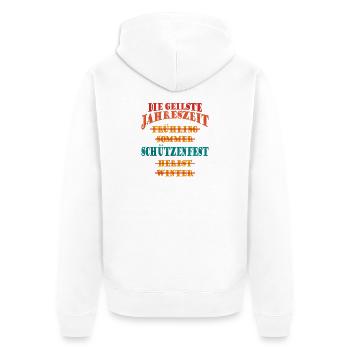 Gekreuzte Jahreszeiten Typo-Print - Unisex Premium Bio Zip Hoodie - Weiß - Hinten - Thijin (182cm)